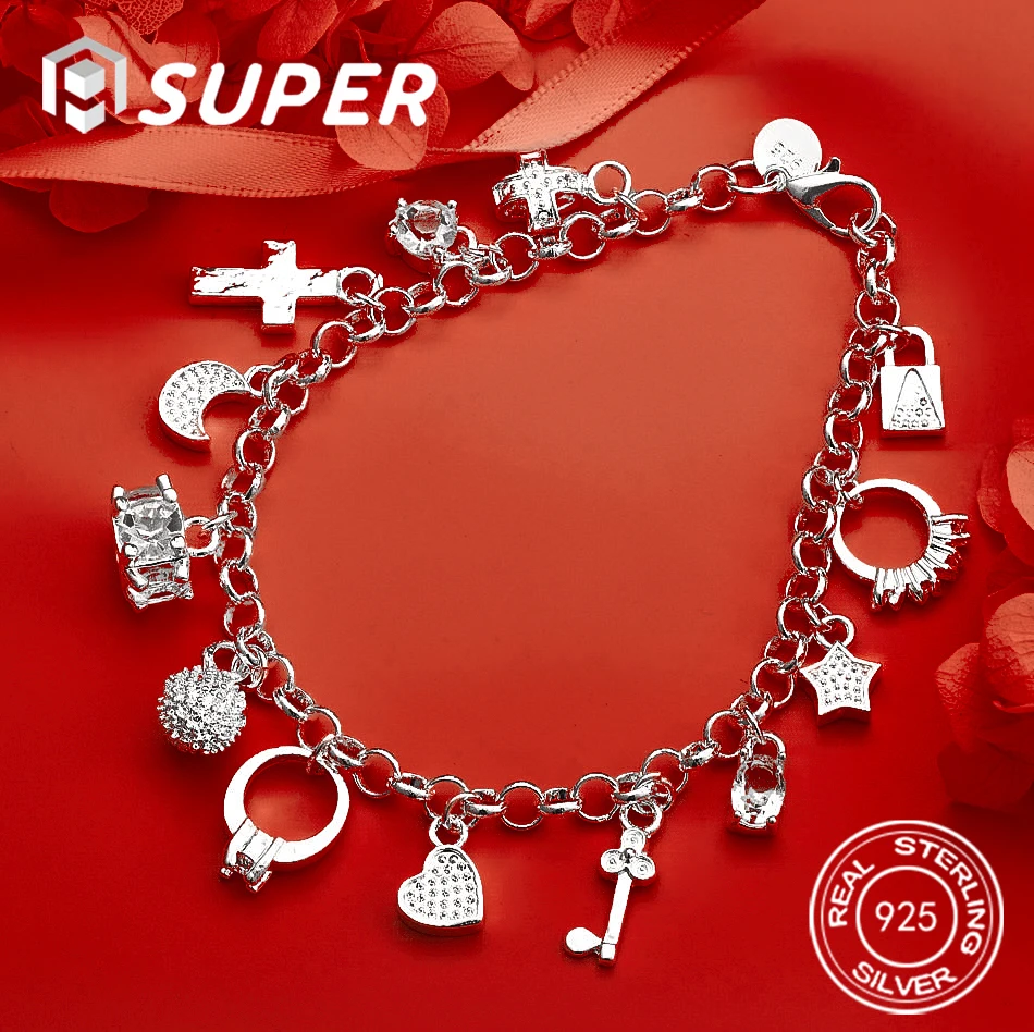 

ALISuper 925 Sterling Silver 8" Delicate Cross Star Bracelet Fashion Gift Jewelry Wedding Accessories