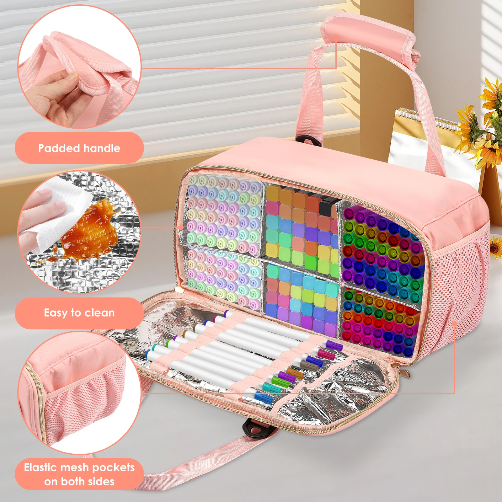 Organizer na markery, duża pojemność, torba do przechowywania artykułów plastycznych z przegródkami i łatwymi do czyszczenia wkładkami do zajęć plastycznych i malowania na zewnątrz.