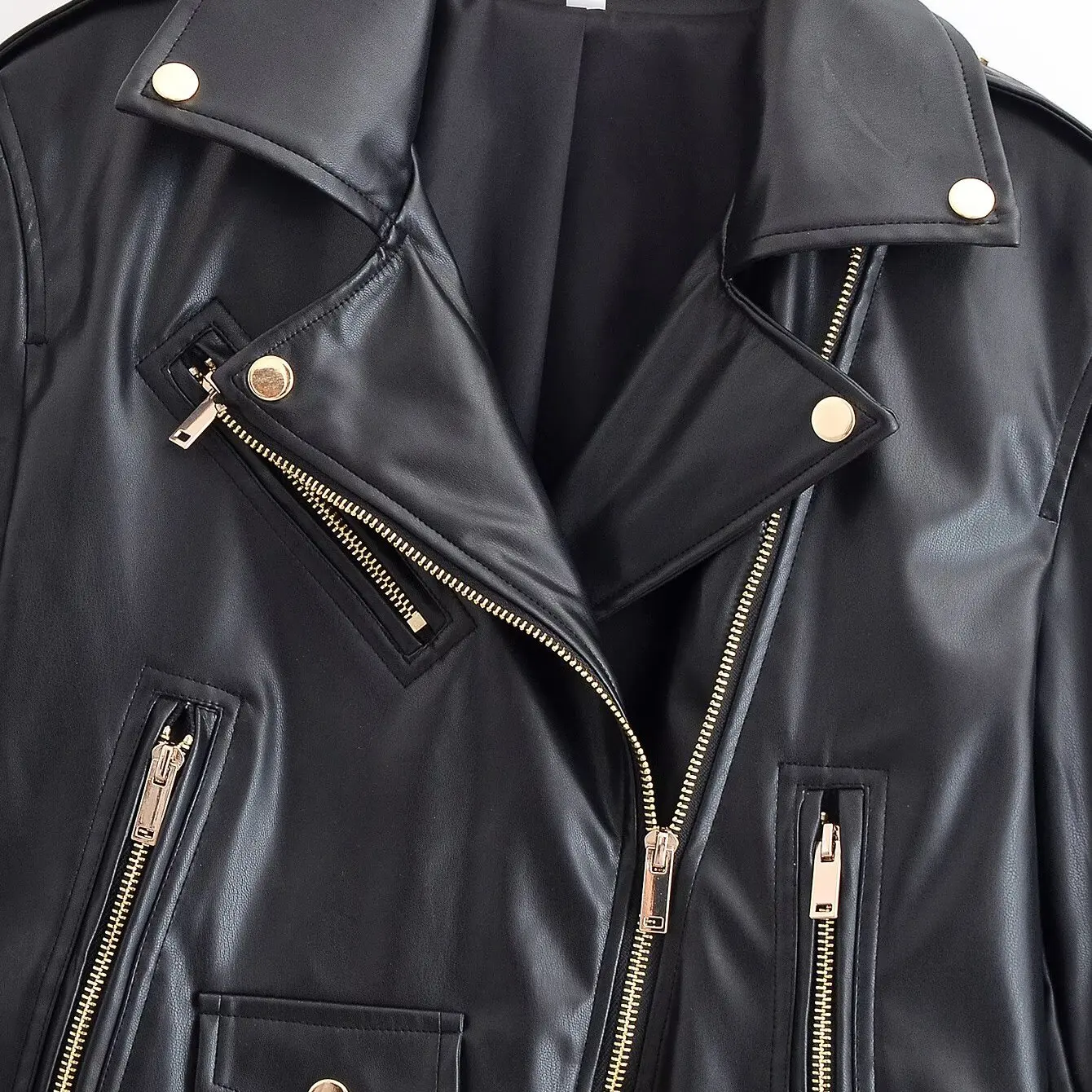 Faionable polyvalent femmes PU moto Jaet Street Sle Long Sve fermeture à glissière longueur régulière fibre de Polyester