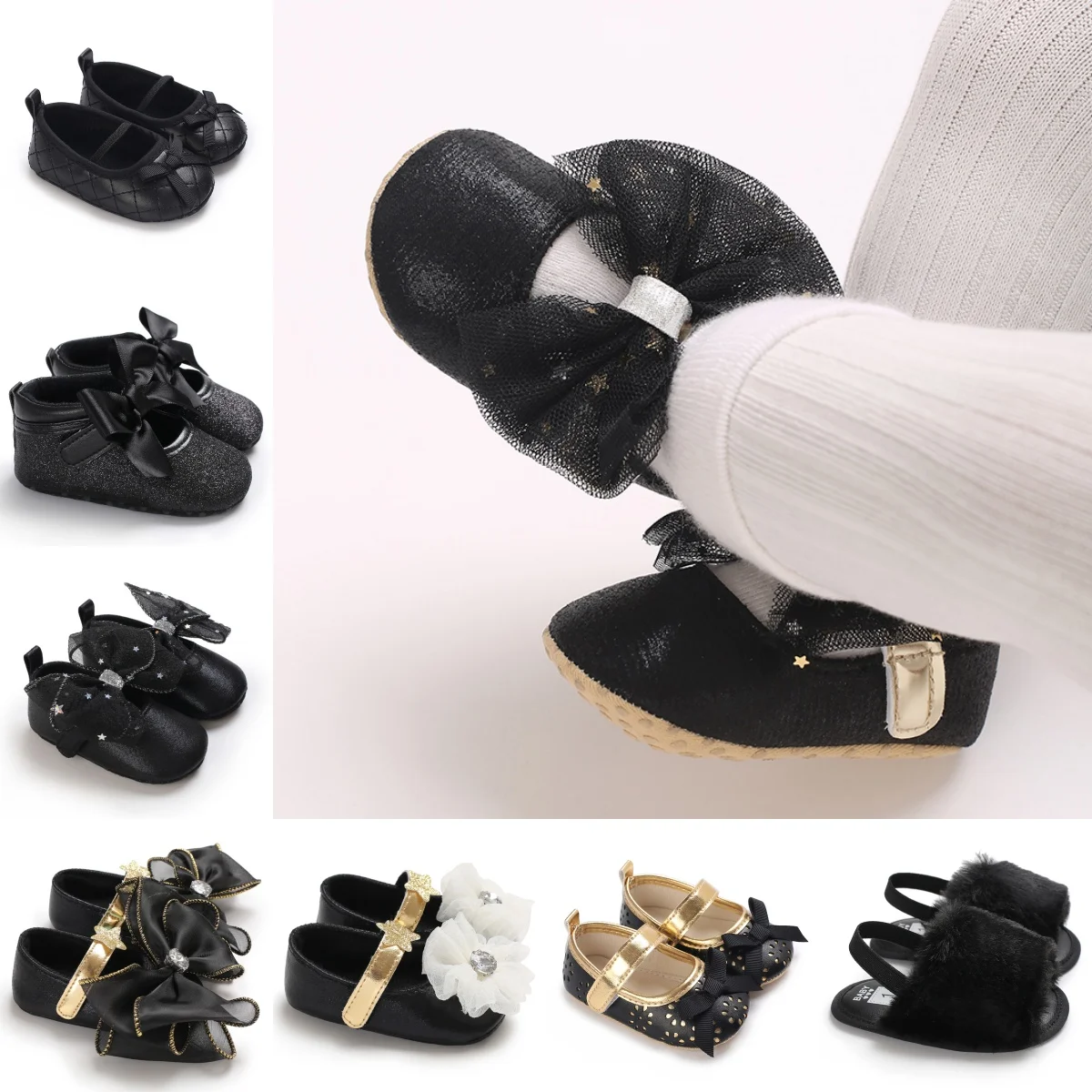 Newborn Black Baby Shoes Non-slip Cloth Bottom Shoes For Girl Elegant Breathable Leisure Baby First Walking Shoes