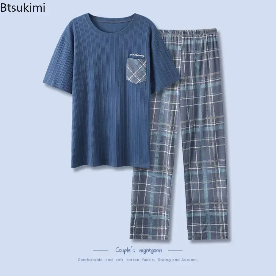 

Spring Summer New Men's Lounge Pajamas Sets Comfortable 100% Cotton Couple Homewear Two Piece Sets Simple Casual Pijamas Homme