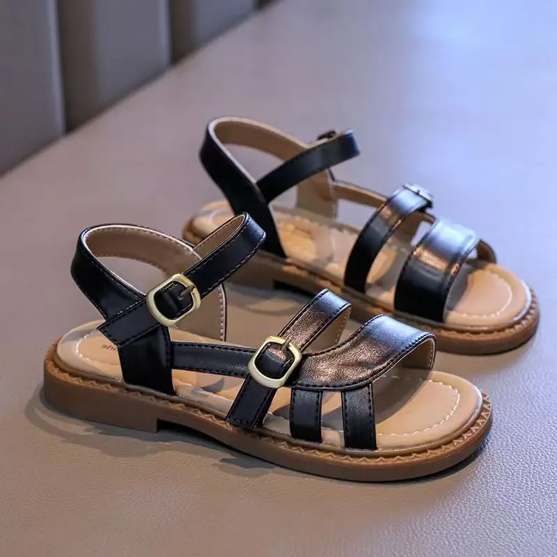 

Girl's Open Toe Flat Sole Hollow Out Leather Beach Sandals Summer New Soft Sole Non Slip Breathable Velcro Princess Sandals