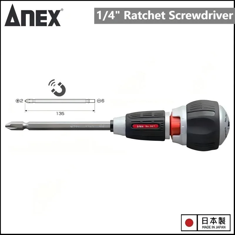 

ANEX Japan 397-H/397-D 1/4" Ratchet Screwdriver, Strong Magnetic Double Bits PH2/SL6 Ball Handle