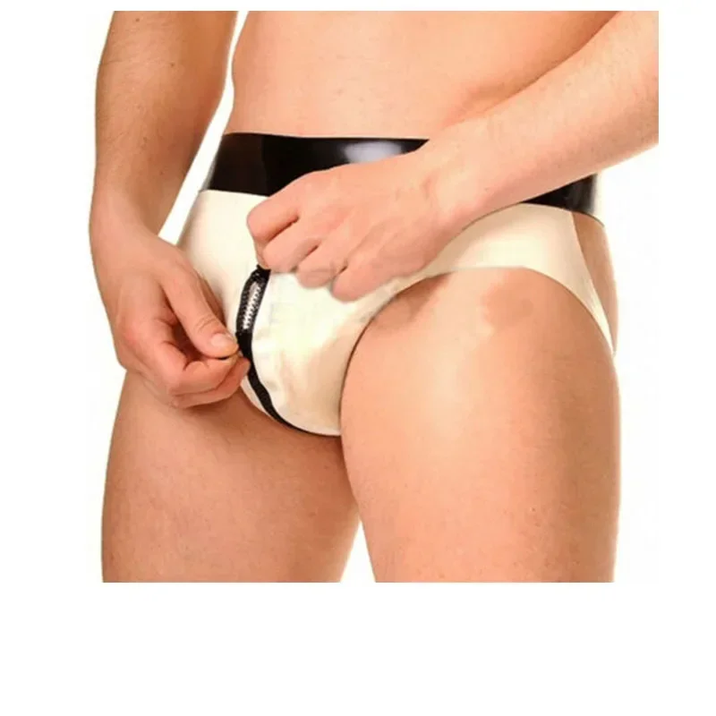 Latex Briefs Panties White with Black Trims Open Back Shorts Rubber Underwear Handmade Sexy Fetish for Men