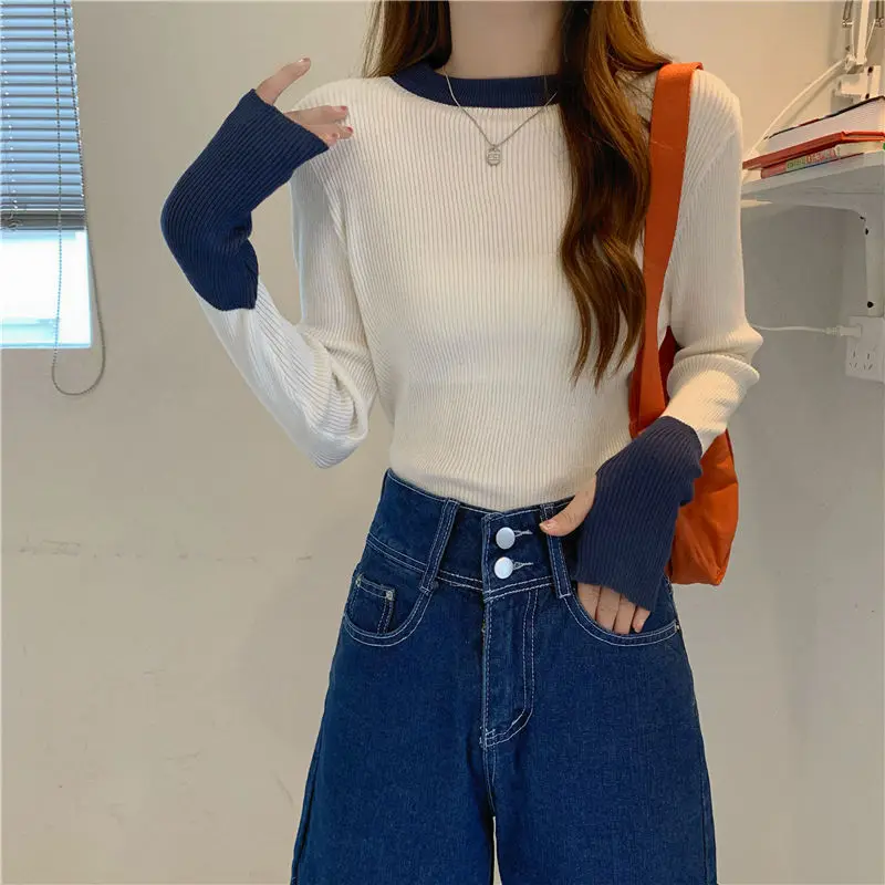 Rimocy Fashion Mixed Color Knitted Sweater Women 2023 Patchwork Round Neck Slim Fit Pullover Woman High Elastic Ladies Jumper