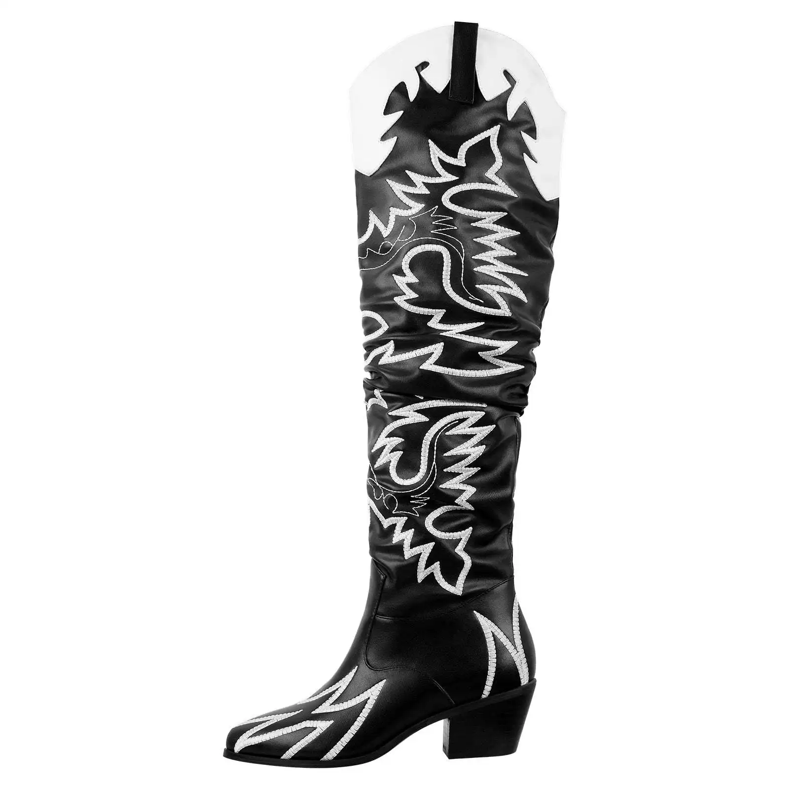 New Round Head Thick Heel High Heel Boots Embroidery Contrasting Color Western Cowboy Boots Sleeve Knee Knight Boots 35&46