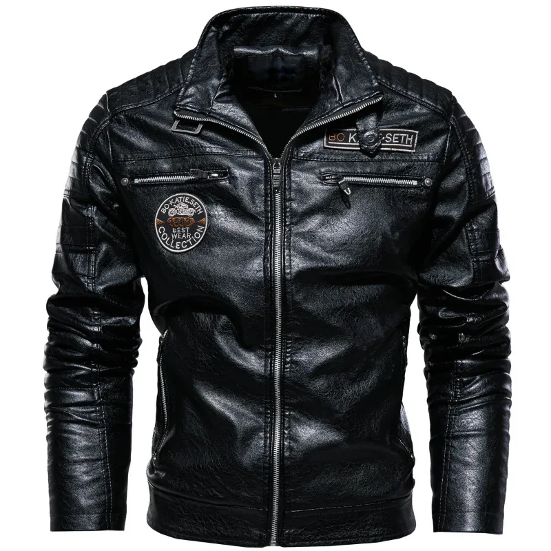 Men\'s Leather Jacket Men\'s Winter Fleece Men\'s Stand Collar Biker Casual Windproof Slim Fit Jacket Fleece Leather Jacket