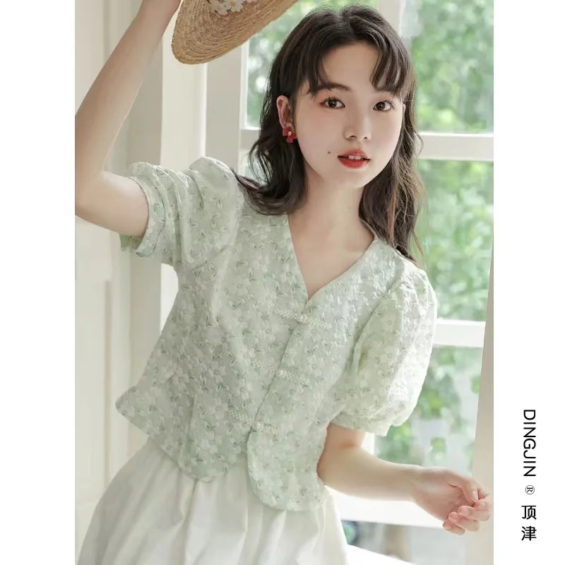 

Short Sleeve Shirts Womens Jacquard Balloon Sleeve Pintuck Buttoned Shirt Autumn French Artistic Preppy Student Youthful Girlish