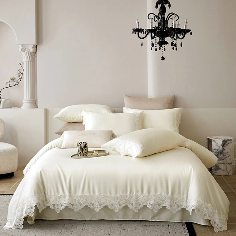 

Комплект постельного белья из смесового лиоцелла, хлопка и шелка с мягким шелковистым кружевом и цветочным узором, 4 предмета: пододеяльник, простыня (плоская/натяжная), наволочки