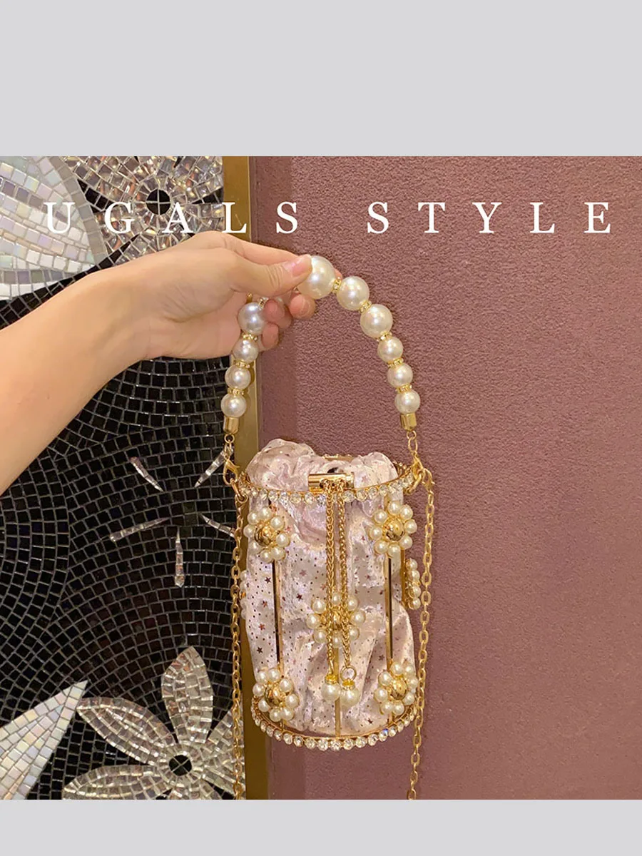 

UGALS Metal Pearl Flower Hollow out Diamond Bucket Handbag Shiny Dinner Party Crossbody Bag Sweet Lady Style Single Shoulder ...