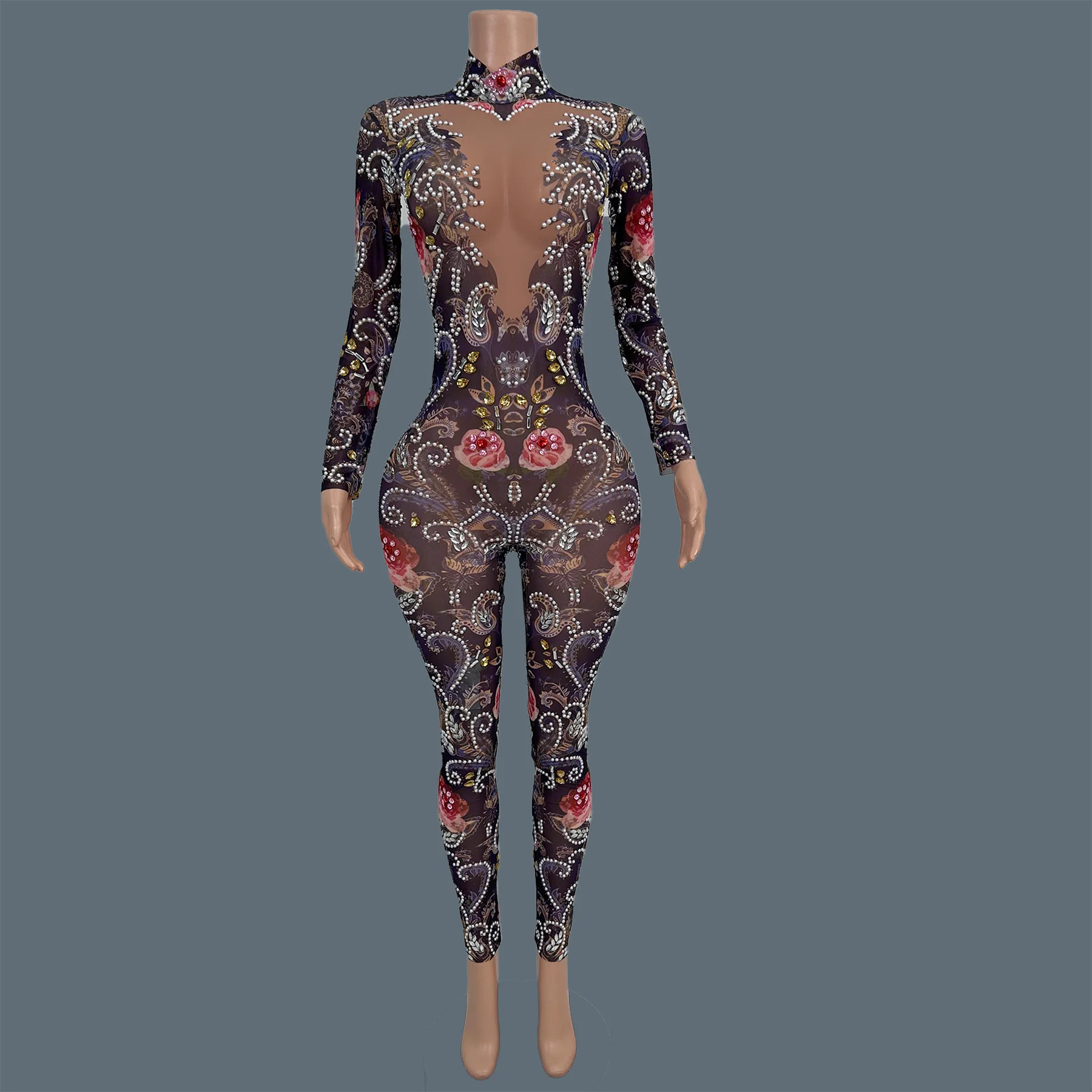 Sparkly Crystals Pearl Mesh See Through Long Sleeve Jumpsuit Women Sexy Luxury Nightclub Party Dance Show Stage Costume Meiguiku