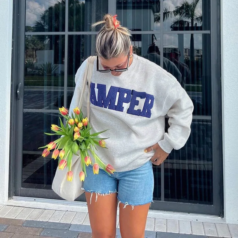 Letter Embroidery O Neck Long Sleeve Loose Sweatshirt Women Autumn Winter Oversized Casual T Shirt Top Streetwear Pullovers