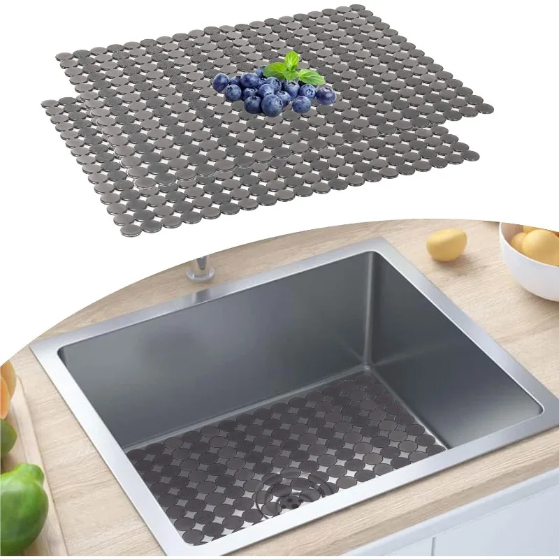 2PCS Kitchen Sink Mat Good Grip Anti Slip Sink Mat for Dinnerware Tableware for Stainless Steel /Ceramic Sinks PVC Eco-friendly