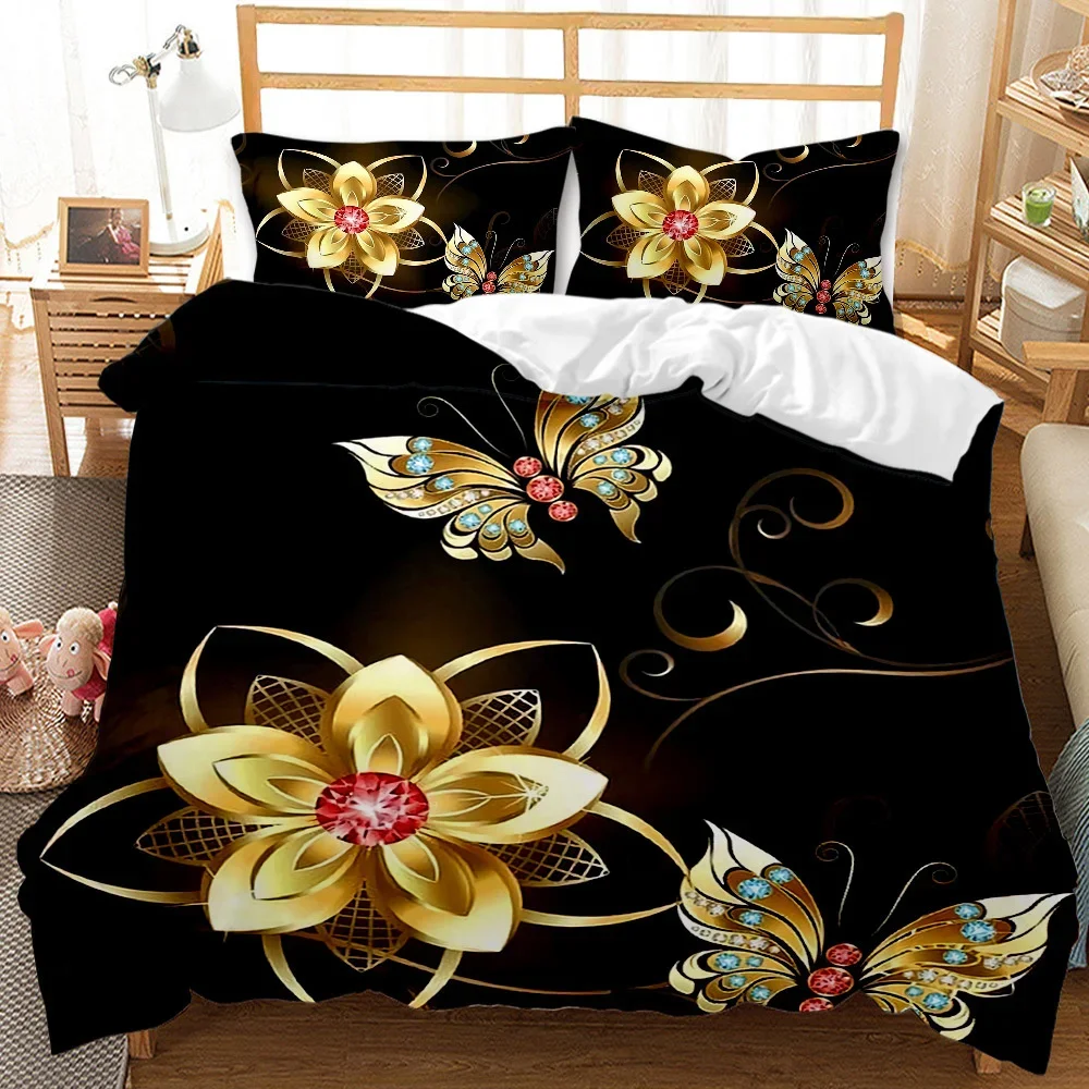 

Golden Butterfly Duvet Cover Set King Queen Size Pretty Blue Butterfly Bedding Set Women 2/3pcs Polyester Comforter Cover