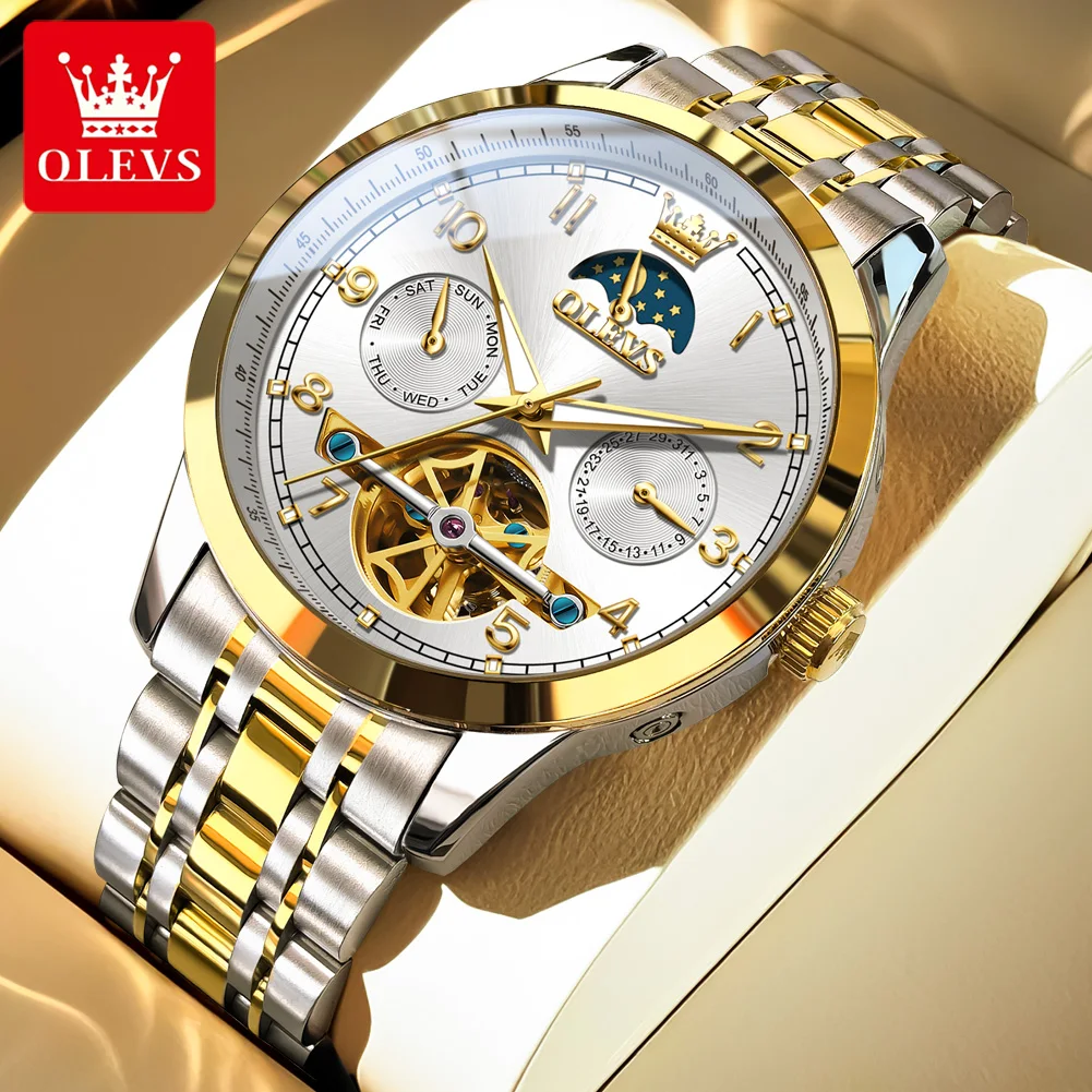 

OLEVS Men's Watches Luxury Fashion Original Automatic Mechanical Watch for Man Calendar Moon Phase Flywheel Movement Waterproof