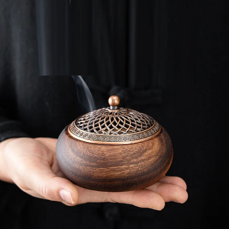 Solid Wood Round Incense Burner Chinese Hollow with Lid Incense Holder Sandalwood Tray Decoration Crafts