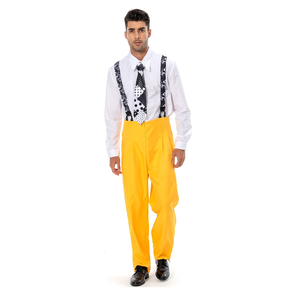 In magazzino La Maschera Jim Carrey Cosplay Costume Giallo Degli Uomini Del Vestito di giacca Uniforme Abiti di Halloween Costume di Carnevale