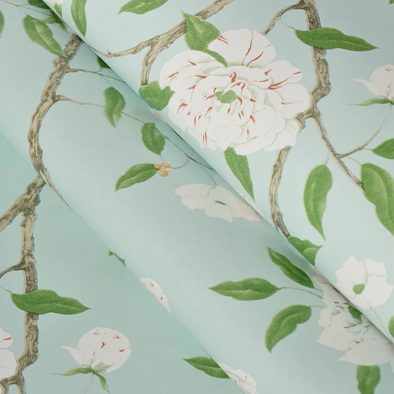 Light Mint Green Peony Floral Wallpaper Non Woven Vintage Countryside Tree Branch Flower Wall Paper for Bedroom Living Room
