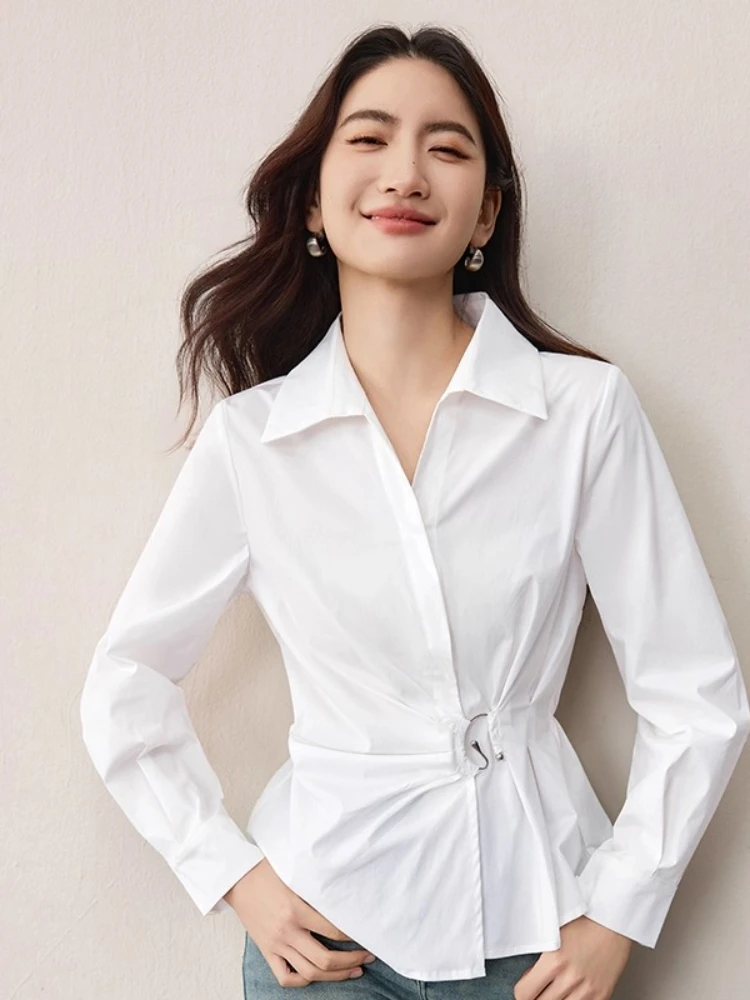 

SENTUBILA Designer Shirt 2025 Women's Autumn New Turn-down Asymmetrical Shirring Buckle Long-sleeved Tops Elegant W53CA2861