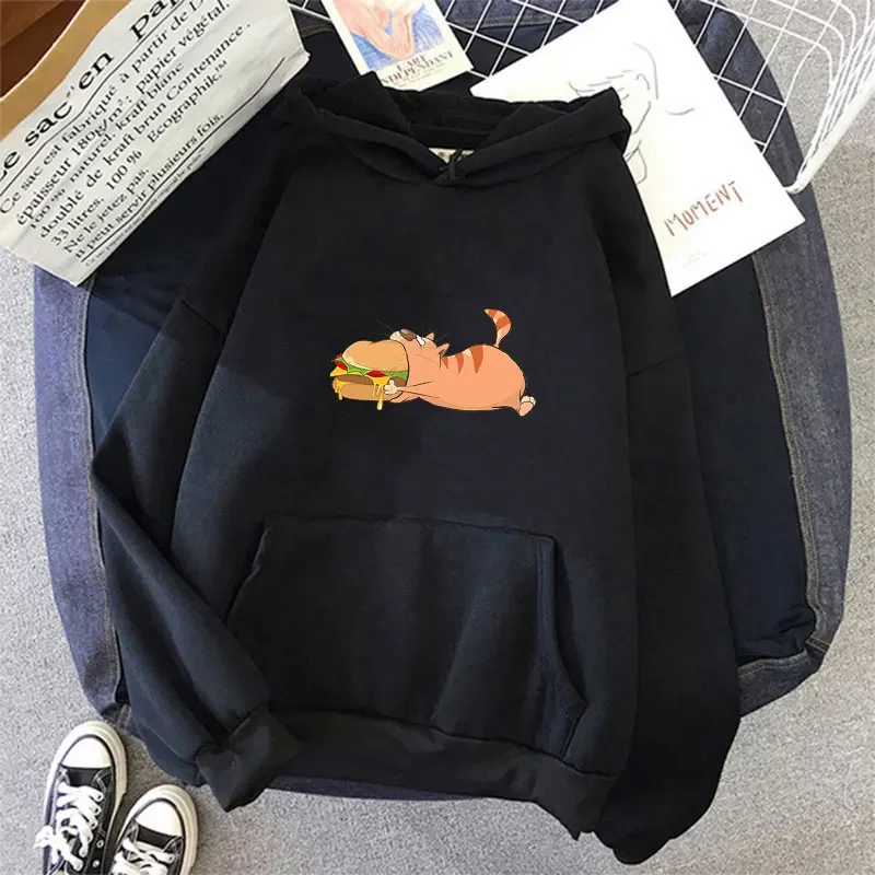 

Cute Cat and Big Hamburger Print Hoodies Teens Daily Street Wear Spring Long Sleeve Sweaters Casual Funny Loose Hooded Top