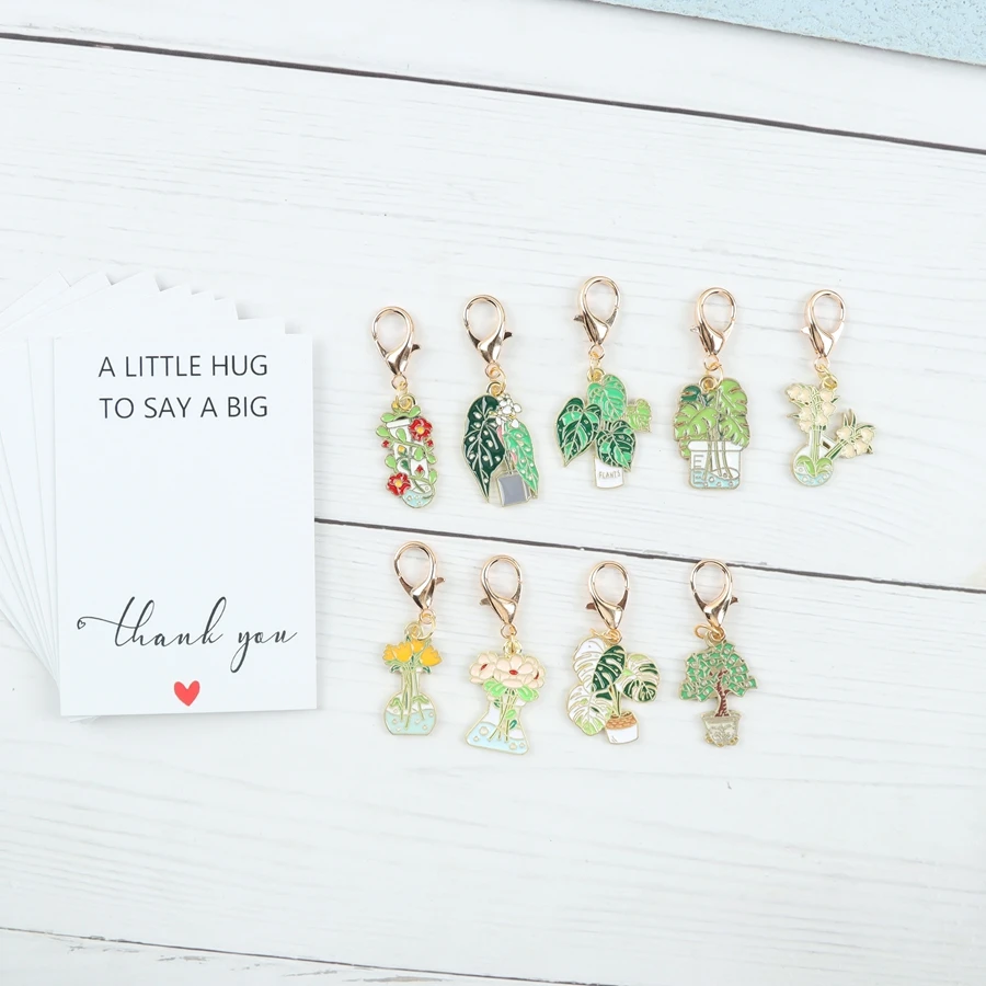9pcs Green Potted Plant Keychain Decorations, Creative Couple’s Gift, Cute Bag and Zipper Handle Accessories, with a Thank-You C image 6