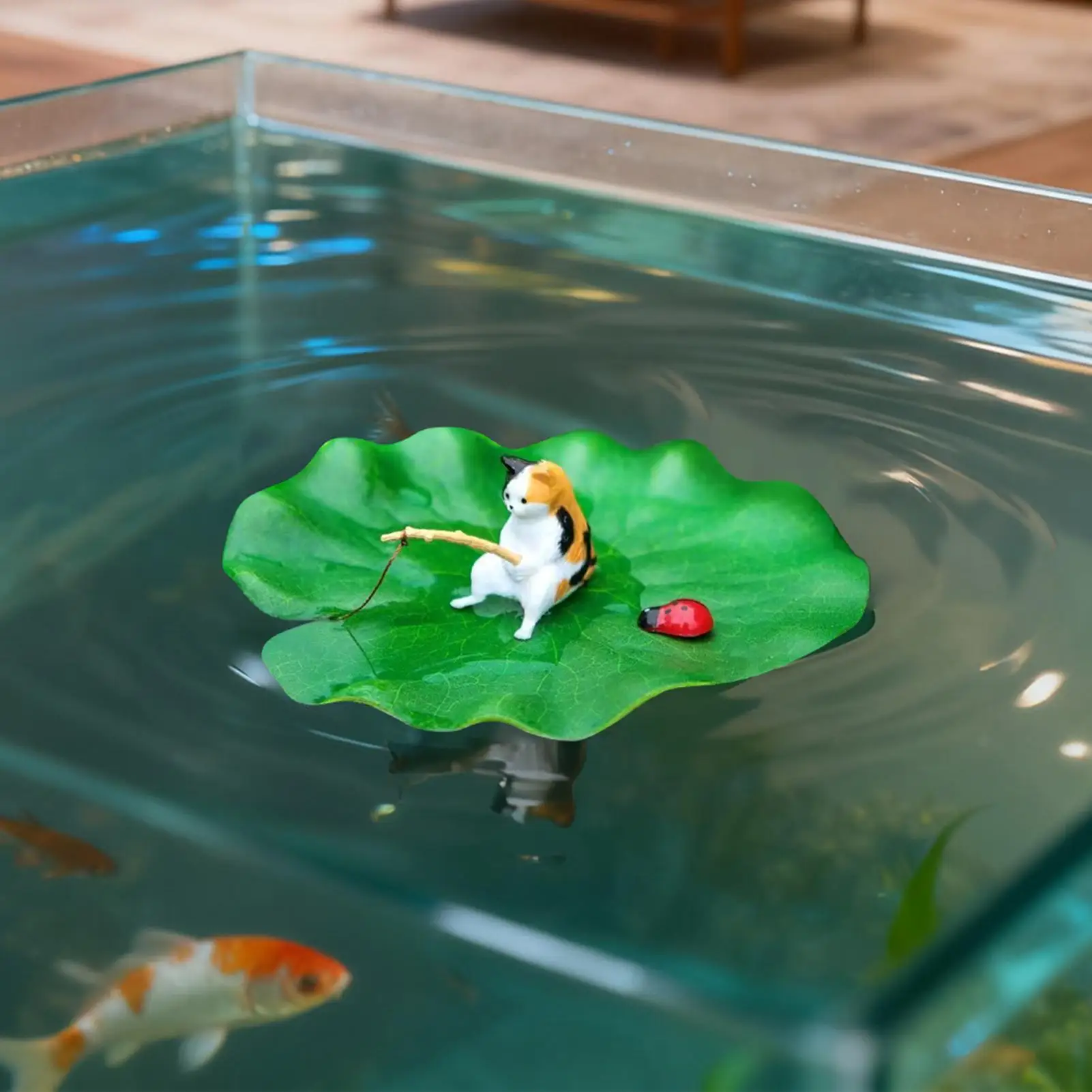 Katze beim Angeln auf schwimmendem Seerad, Katzen-Aquarium-Dekorationsmodell, Betta-Fischbecken-Dekorationsmodell für Gartenteich und Fischbecken – Detail 2