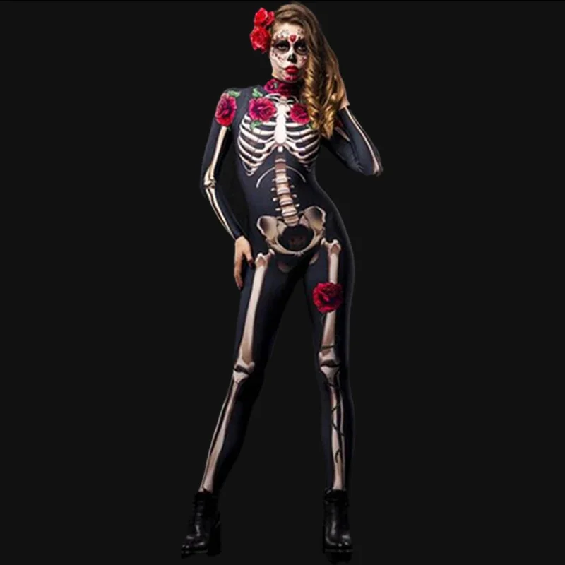 2025 New Day of The Dead Women Scary Ghost Costume Rose Skeleton Halloween Sexy Devil Jumpsuit Girl Carnival Party Clothing abc