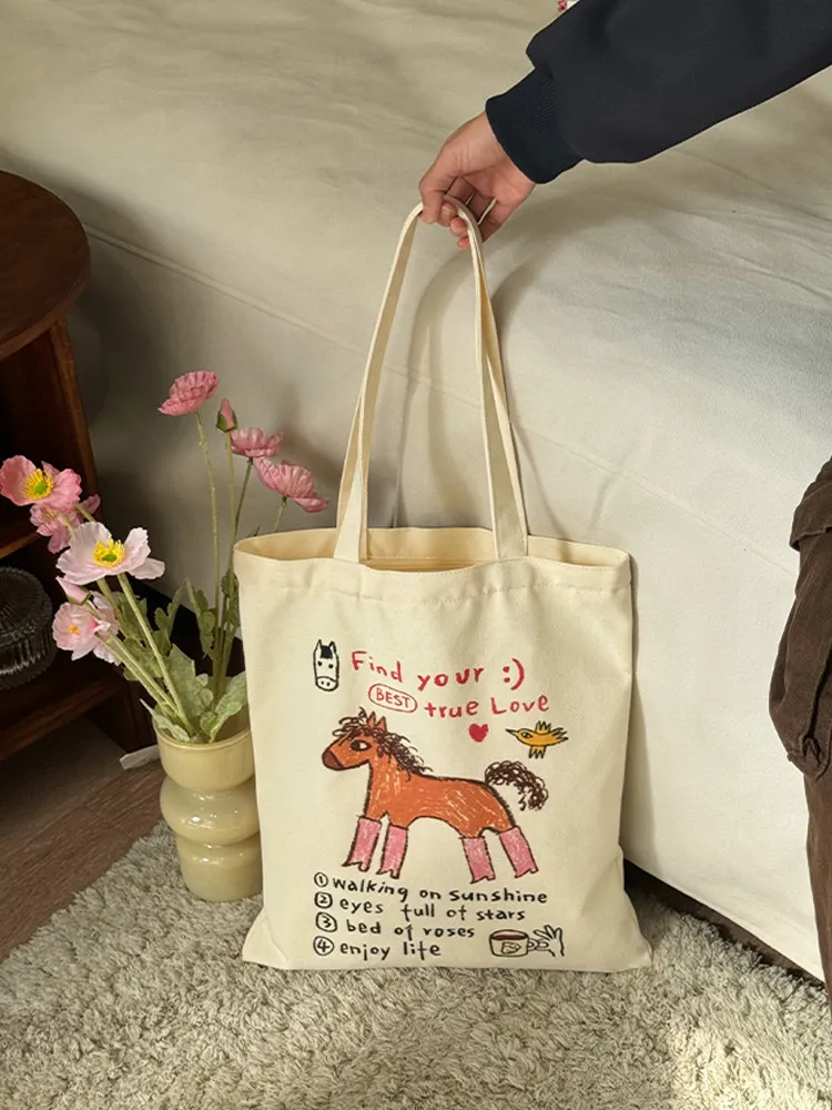 2026 Summer Canvas bag for commuting plain canvas without any damage hand-painted with a cute little horse.