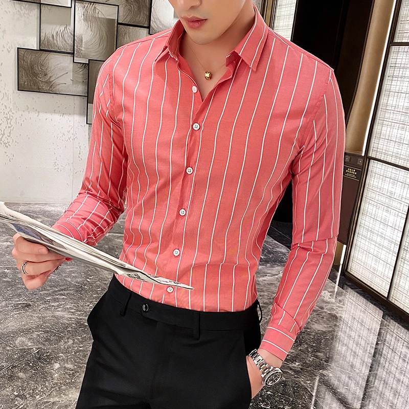 Korean Fashion Men\'s Shirts Button Down Slim Fit Long Sleeve Striped Shirt