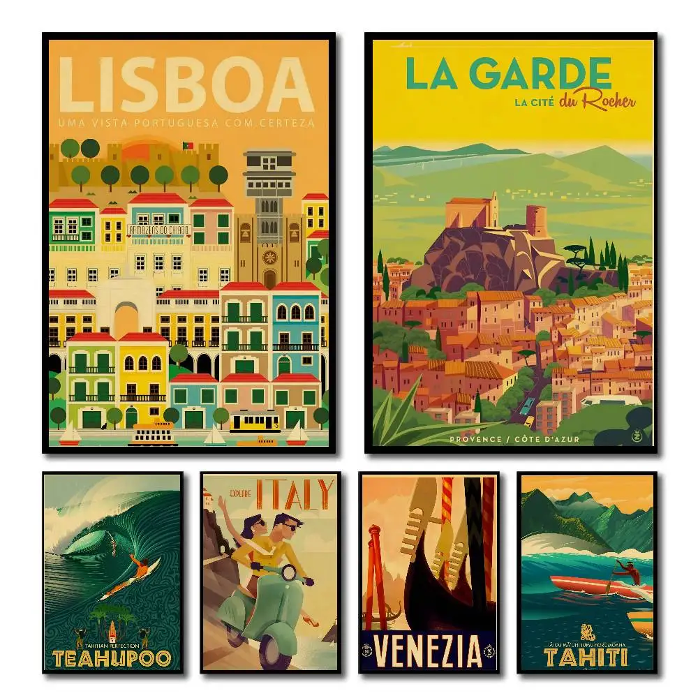 Vintage Art New York London Italy TAHITI Retro Poster Self-adhesive Art Room Entrance Restaurant Wall Decor Art Painting