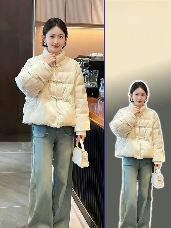 

Новая женская теплая хлопковая куртка больших размеров с воротником-стойкой на пуговицах, в китайском стиле, приталенная, для похудения, свободного кроя