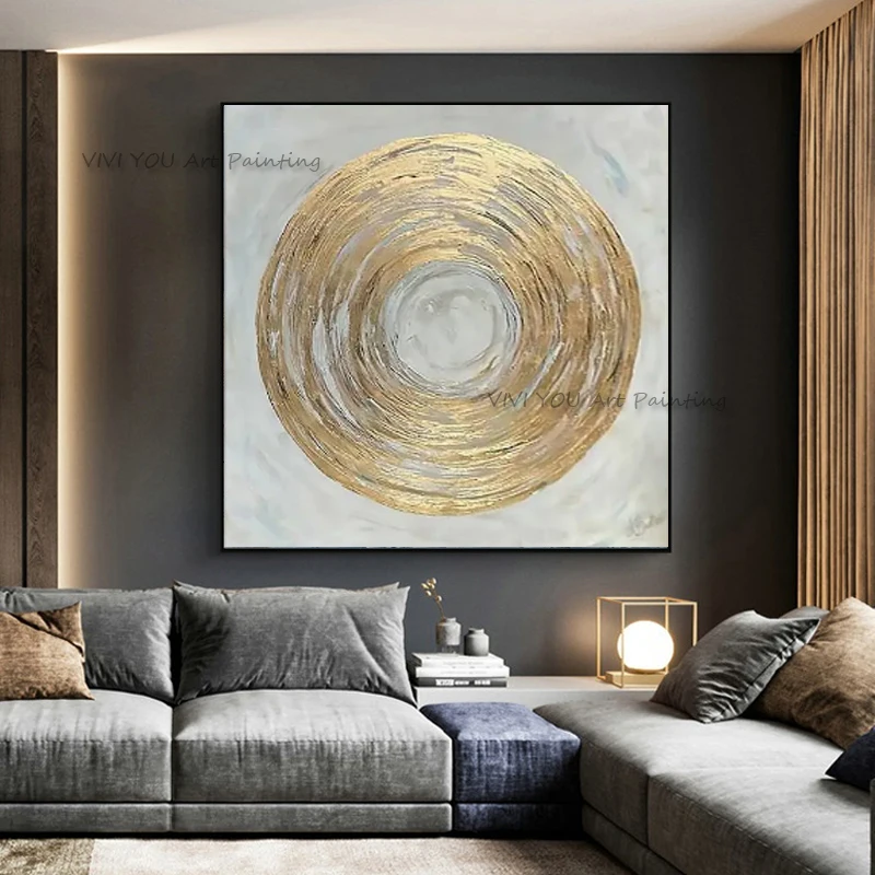 Handpainted Modern Abstract Circular Geometry Gold  Art Picture Oil Painting Wall For Living Room Home Decor Canvas Painting