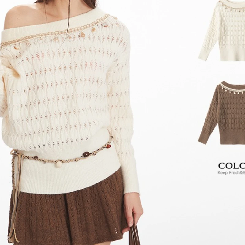 

One-shoulder Loose Temperament Cut-out Long-sleeved Knit Sweater Autumn Sweet Off-the-shoulder Sweater