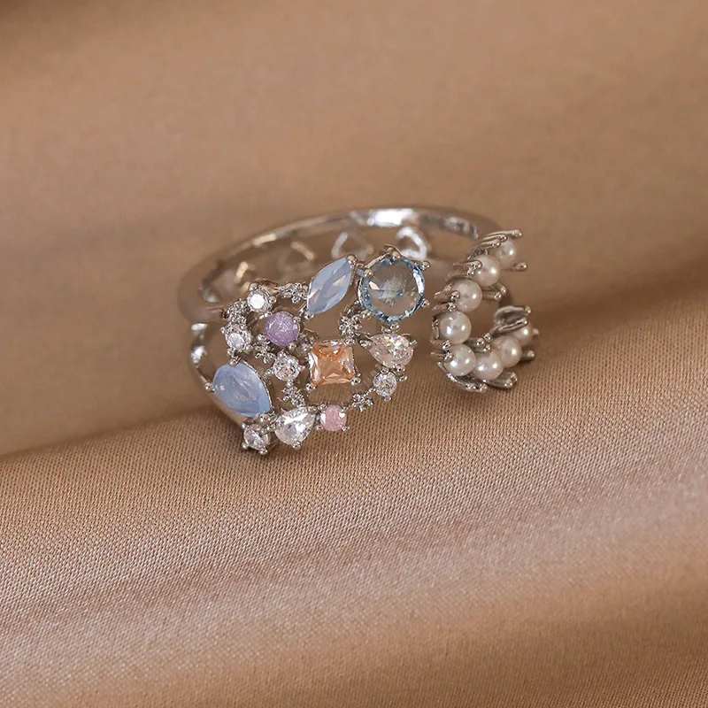 South Korea Fashion New Moon Simple Open Ring Sweet Pearl Flower Elegant Ring Women Jewelry