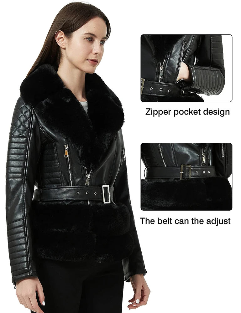 Giolshon New Spring Winter Women Jacket Thick Warm Faux Suede Coat With Belt Faux Fur Collar PU Leather Jackets Outwear