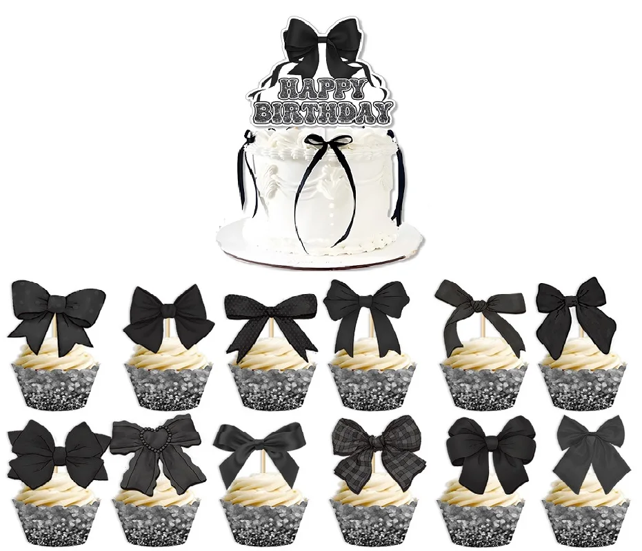 13pcs Black Bow Tie Cake Decoration,Girl's Bow Happy Birthday Cake Insert