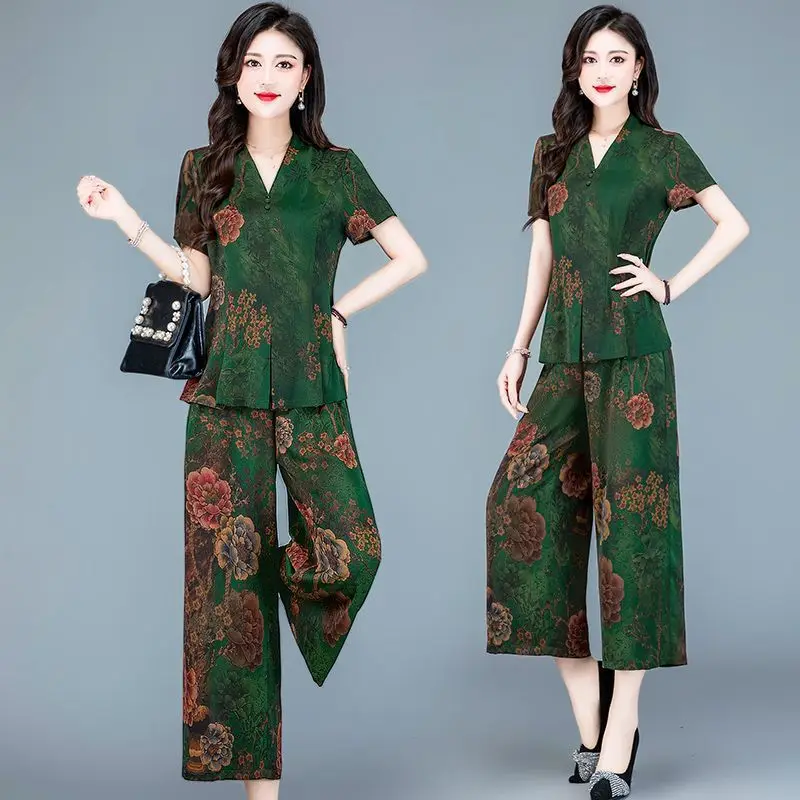 Women\'s Printed Casual Suit 2024 Summer New Style Loose Thin Close The Waist Corp Top And Wide Leg Pants Two Piece Set For Women