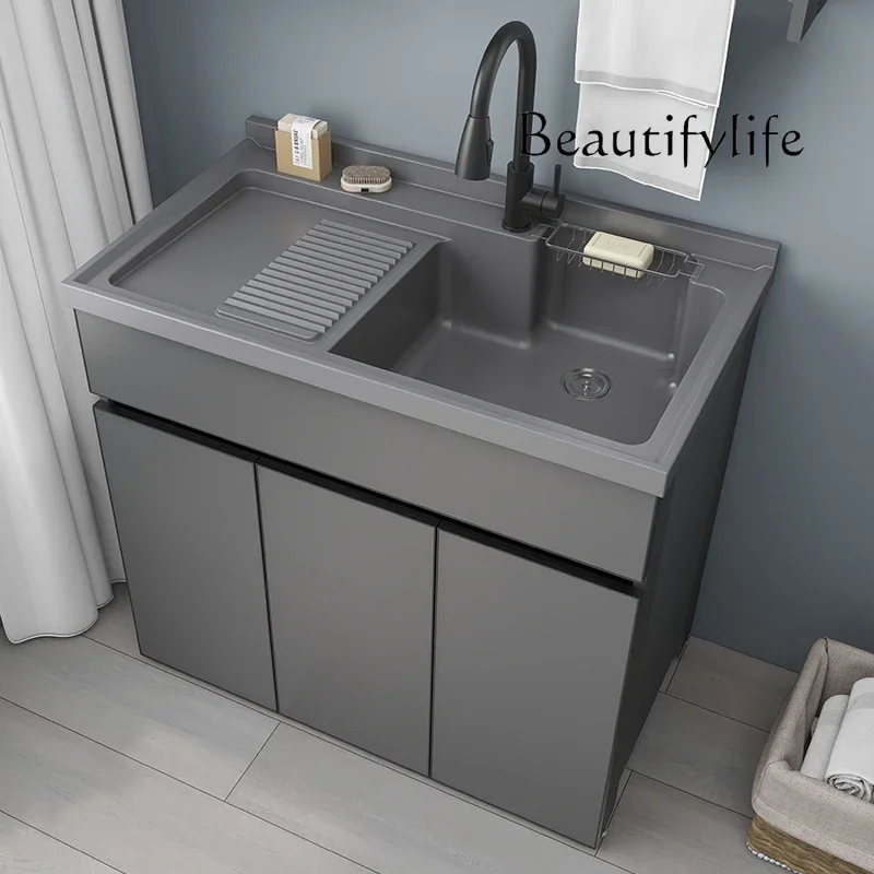 

Balcony Washing Machine Integrated Bathroom Cabinet Artificial Stone Laundry Sink with Rubbing Board