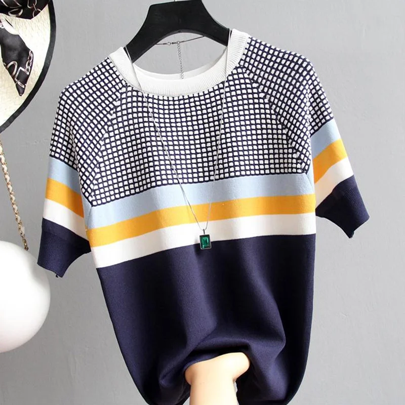 2023 NEW vintage casual summer Striped Sweater pullovers Women o-neck shor Sleeve big size sweater high quality female top