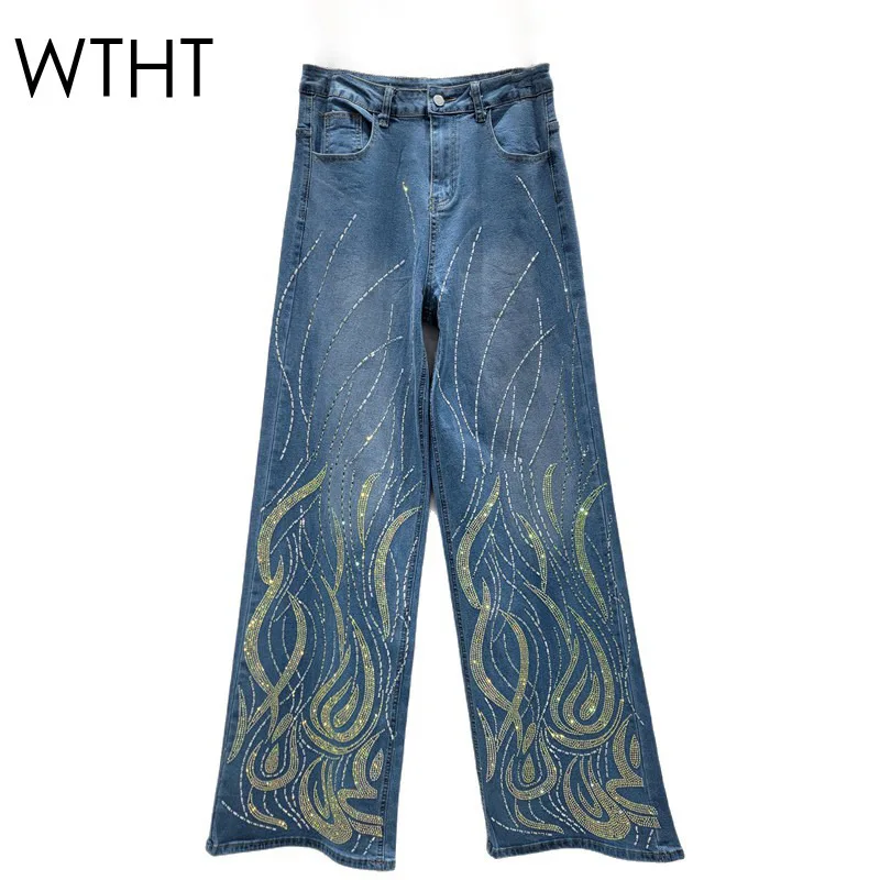 

WTHT Trendy Women's Heavy Industry Diamonds Elastic Straight Jeans 2025 Winter Fashion High Waist Denim Pants Female 1LS2740