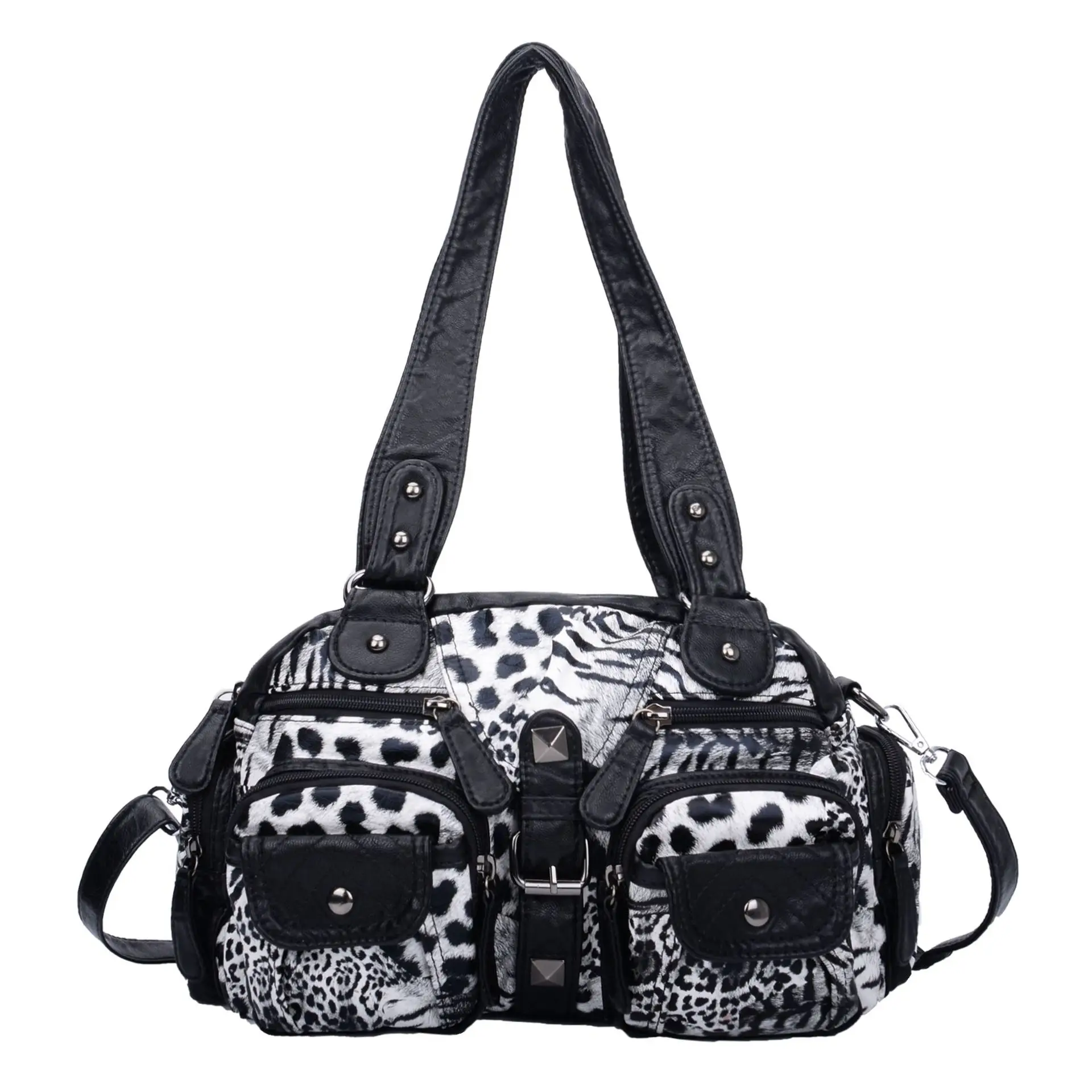 

Women's Leopard Print Washed PU Leather Handbag, Vintage Rivet Multi Pocket Shoulder Bag, Fashion Crossbody Satchel Bag