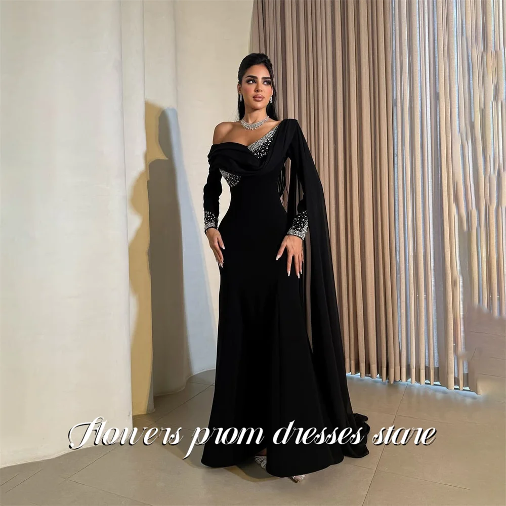 

Flowers Black Party Dress with Beaded Evening Dress Long Cape Train Prom Gown فساتين مناسبة رسمية Customized