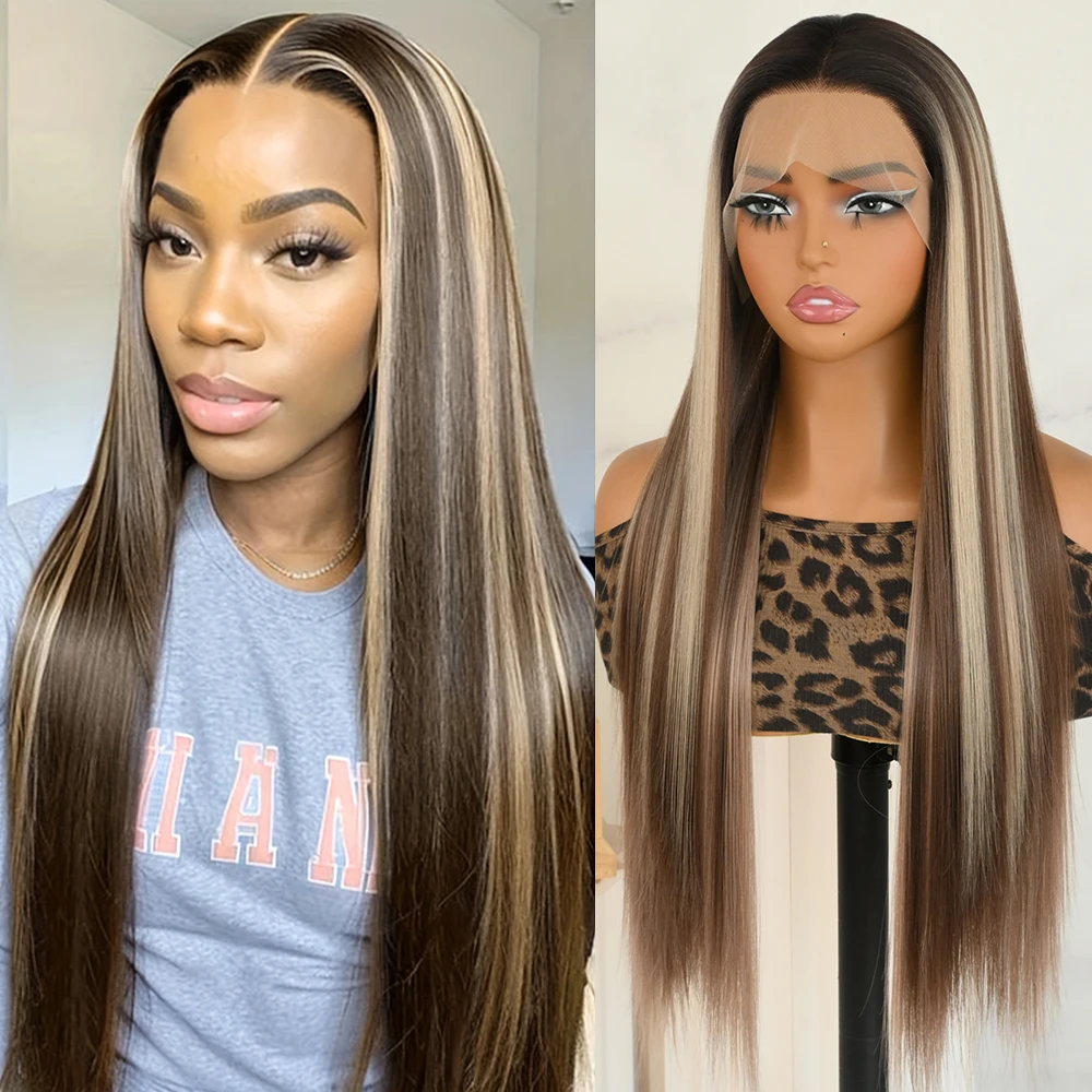 

Синтетические парики с эффектом омбре, с кружевной передней частью, предварительно выщипанной линией роста волос, 13x4 HD, без клея, коричнево-русые, для женщин