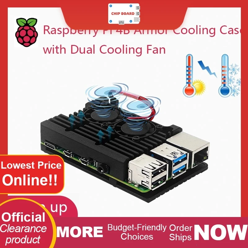 

RPi 4B Protective Aluminum Case with dual mini fans for efficient cooling of Raspberry Pi 4 Model B