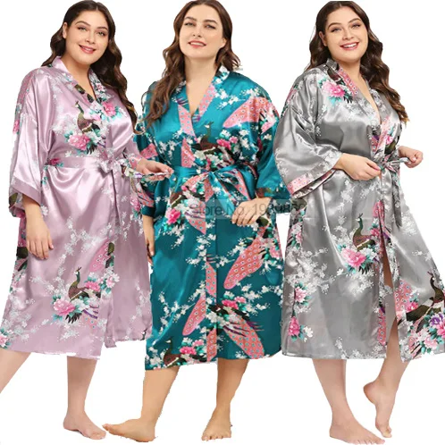 Long Satin Robe Lady Print Peacock Nightwear 3XL Kimono Bathrobe Gown V-Neck Lingerie Large Size Nightgown Lounge Wear Sleepwear