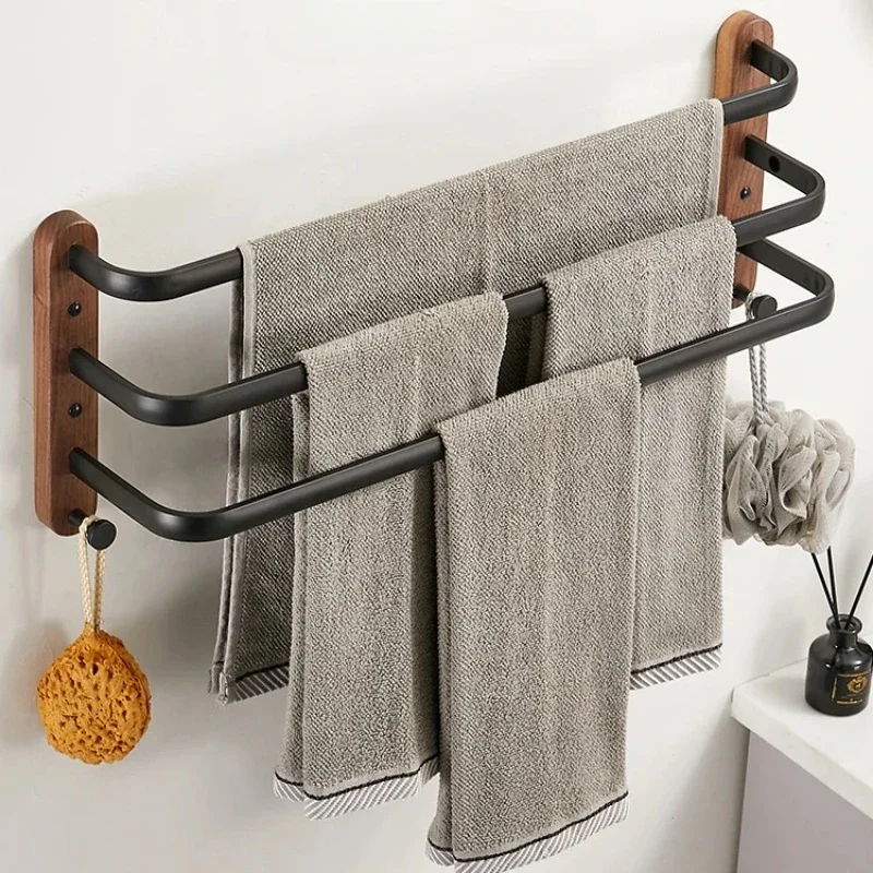 

Walnut Wood Towel Rack with No-Drill Rod Luxurious Bathroom Storage Bar Upper and Lower Tiered Clothes Hanger Rod Wall-Mounted