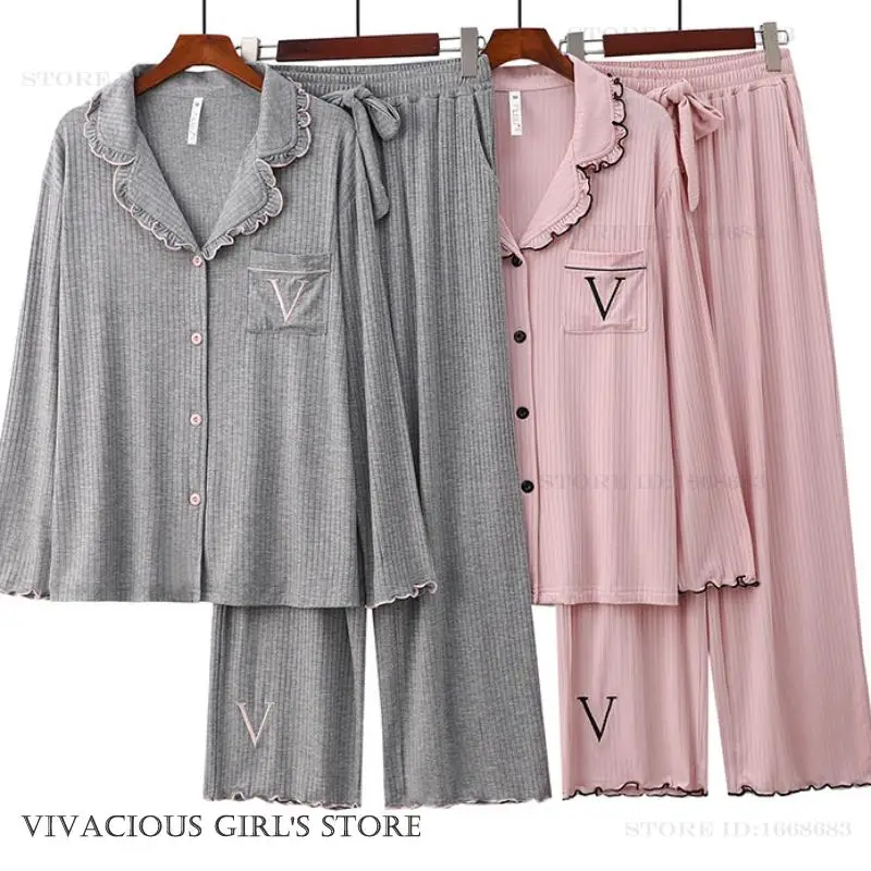 

Модальный женский пижамный комплект из 2 предметов, домашняя одежда, весенне-осенний новый брючный пижамный костюм, милая одежда для сна с рюшами по краям, свободная повседневная одежда для дома