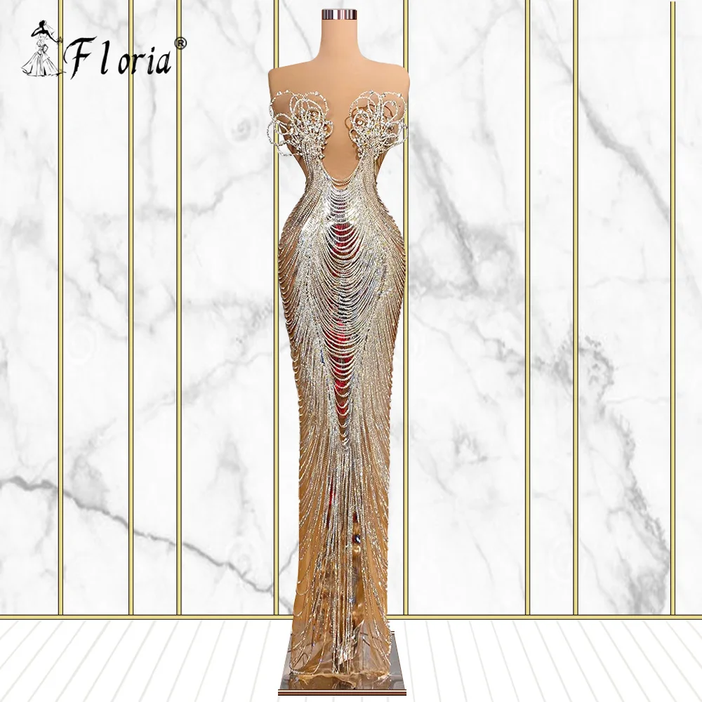 Gorgeous Silver Crystals Tassels Evening Dresses 2023 Vestidos De Noche Dubai Sparkly Mermaid Prom Gown Celebrity Party Dress