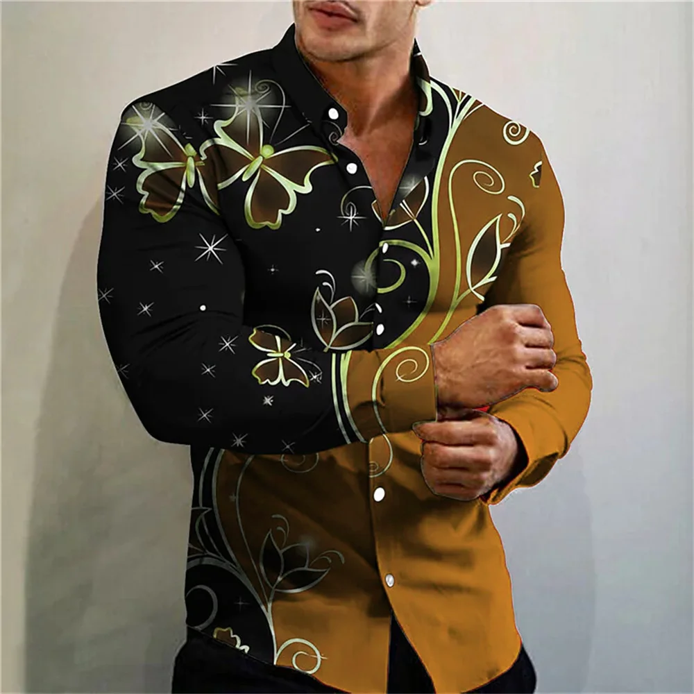 7 Kleuren Vlinderpatroon 3d Digitaal Printen Shirt Met Lange Mouwen Casual Heren Comfortabele Zachte Stof Herenkleding