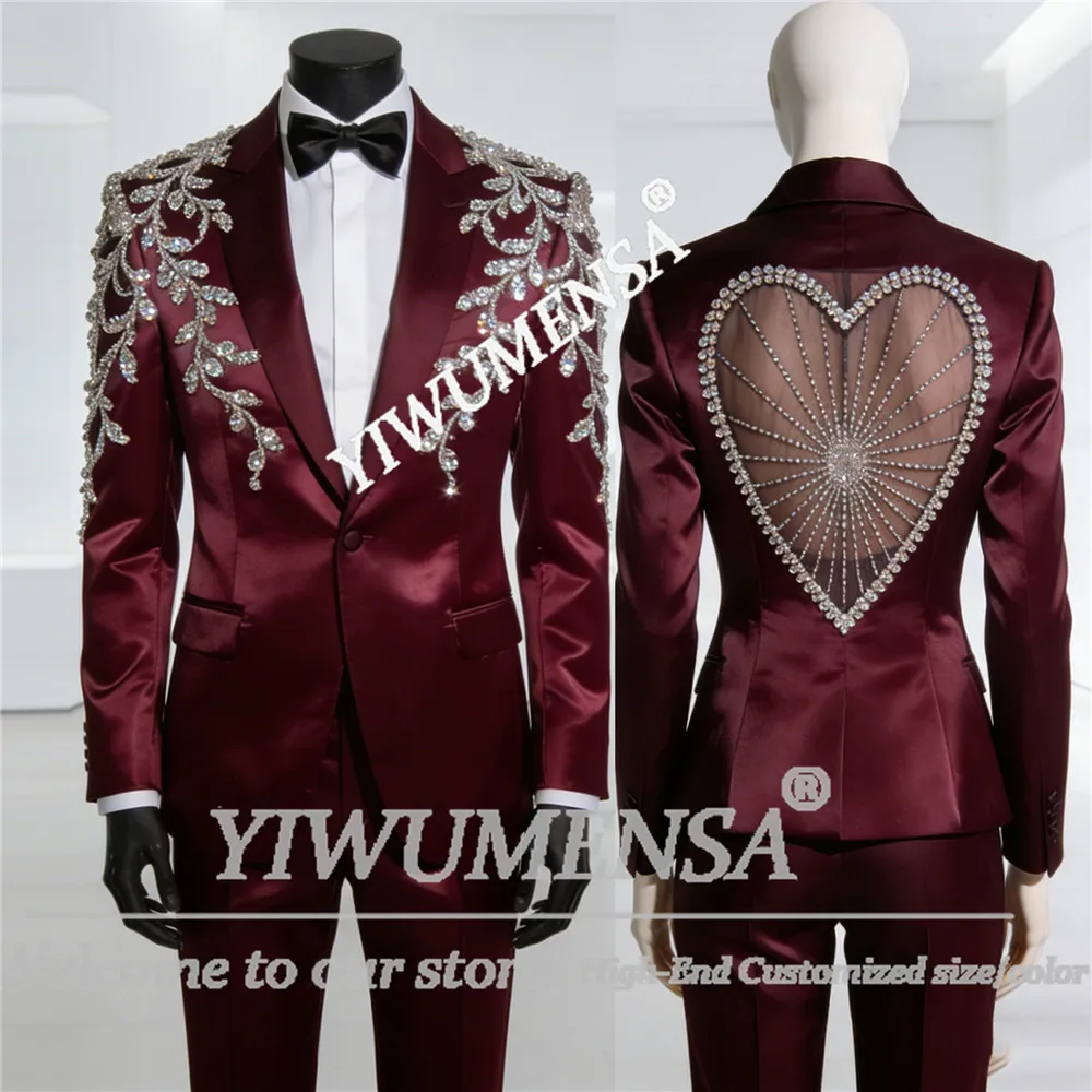 

Glitter Crystals Beading Satin Men Suit Attire Slim Fit Designer Cut-Out Prom Blazer Customized Man Business Party Groom Tuxedos